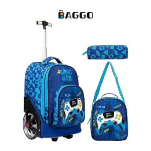 GOLDEN BAG Full Set School bag Blue Joystick  Anti-Break Silicon Trolley